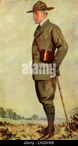 Lord Baden-Powell, 1911, (1944). Ritratto di Robert Stephenson Smyth Lord Baden-Powell (1857-1941), soldato britannico e fondatore del Boy Scout e di Ragazze Guida. Baden-Powell ha vinto la fama durante la Seconda guerra boera (1899-1902) come il difensore di Mafeking che era sotto assedio da 1899 fino a quando non è stato sollevato dal Maresciallo di Campo Roberts il 19 maggio 1900. Da "Boy Scout", di E. E. Reynolds. [Collins, London, 1944] Foto Stock