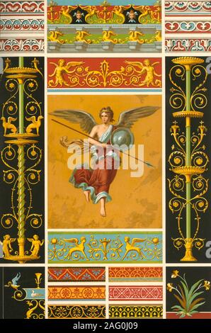 Wallpainting romano e Polychrome bassorilievi, (1898). Esempi di antico romano decorazione di interni: 'Fig 1: Wallpainting, che rappresenta una figura di vittoria, da Pompei [Italia]. Le figure 2 e 3: candelieri, dallo stesso luogo nel Museo a Napoli. Le figure 4 e 5: confini da Pompei. Fig 6: fregio nello stesso luogo (disegnata da H. Dolmetsch). Figure 7-12: confini da Ercolano e Pompei. Le figure 13 e 14. Dipinto di dadi da Pompei. Le figure 15-20: cornici, eseguita in stucco e dipinti, nello stesso luogo (disegnata da H. Dolmetsch)'. La piastra 9 da "La storica stili di ornamento" trans Foto Stock