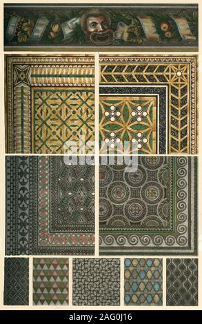 Mosaico romano pavimenti, (1898). 'Fig 1: mosaico fregio della Casa del Fauno a Pompei [Italia]. Le figure 2 e 3: i motivi della piastra-mosaico nel Museo Palatino a Roma (disegnata da H. Dolmetsch). Le figure 4 e 5: pavimenti a mosaico dalla Villa di Caccia a Fliessem vicino a Treves [Trier, Germania]. Le figure 6 e 7: pavimenti a mosaico da Pompei (disegnata da H. Dolmetsch). Le figure 8, 9 e 10: lo stesso dalle Terme [Terme] di Caracalla a Roma (disegnata da H. Dolmetsch)...Mosaico-lavoro...è stato portato finalmente il punto culminante della perfezione dai Romani, che hanno prodotto non solo mosaico geometrico-lavoro, come possiamo osservare in Foto Stock