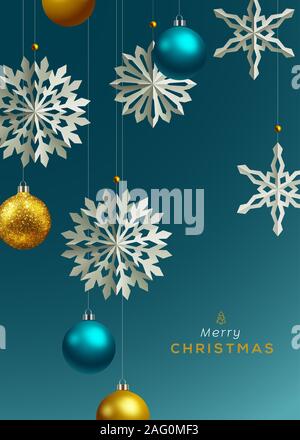 Inverno Vacanze e design con carta artigianale appendere i fiocchi di neve contro sfondo blu. Illustrazione Vettoriale Foto Stock