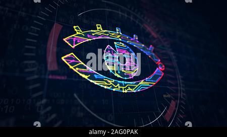 Cyber spionaggio con occhio simbolo la creazione del progetto. Concetto astratto di sorveglianza, cyber spionaggio, la pirateria e la violazione della privacy 3d'illustrazione. Drawi Foto Stock