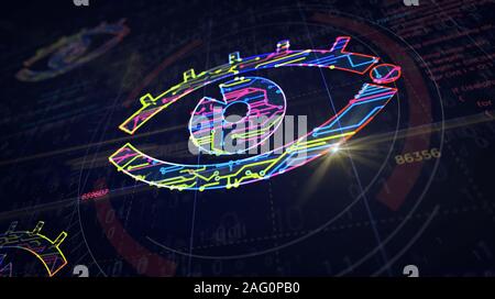 Cyber spionaggio con occhio simbolo la creazione del progetto. Concetto astratto di sorveglianza, cyber spionaggio, la pirateria e la violazione della privacy 3d'illustrazione. Drawi Foto Stock