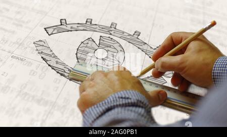 Cyber spionaggio con occhio simbolo la creazione del progetto. Concetto astratto di sorveglianza, cyber spionaggio, la pirateria e la violazione della privacy 3d'illustrazione. Drawi Foto Stock