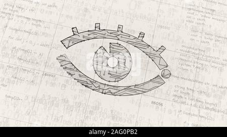 Cyber spionaggio con occhio simbolo la creazione del progetto. Concetto astratto di sorveglianza, cyber spionaggio, la pirateria e la violazione della privacy 3d'illustrazione. Drawi Foto Stock