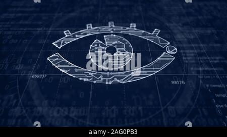 Cyber spionaggio con occhio simbolo la creazione del progetto. Concetto astratto di sorveglianza, cyber spionaggio, la pirateria e la violazione della privacy 3d'illustrazione. Drawi Foto Stock