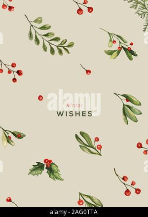 Acquerello Chrismtas raccolta carta. Elementi di natale e la tipografia. Illustrazione Vettoriale. Foto Stock