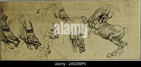. Leonardo da Vinci, artista pensatore e uomo di scienza. Studio per la statua equestre di Francesco Sforza. (Biblioteca di Windsor. Riprodotto dal dottor Richters lavoro.). Studio di cavalli.(Windsor Libreria.) Capitolo VI la Vergine delle Rocce -altre Madonne del periodo milanese non esiste più stuzzicante problemin la storia dell'arte moderna a quelladel classificazione e cronologia ofLeonardo da Vincis opere. Uno è sometimestempted a credere che proprio come il mastershandwriting è rimasta assolutamente immutata forthirty-cinque anni, rendendo impossibile la dis-tinguish i manoscritti del suo extr Foto Stock