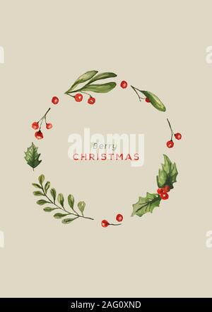 Acquerello Chrismtas raccolta carta. Elementi di natale e la tipografia. Illustrazione Vettoriale. Foto Stock