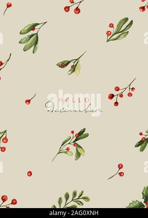 Acquerello Chrismtas raccolta carta. Elementi di natale e la tipografia. Illustrazione Vettoriale. Foto Stock