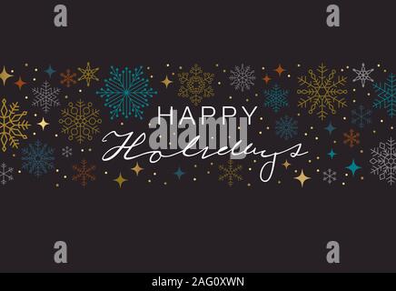 Sfondo di vacanza, banner, telaio, Intestazione di sfondo o biglietto di auguri design con i fiocchi di neve su blu scuro e la tipografia. Illustrazione Vettoriale. Foto Stock