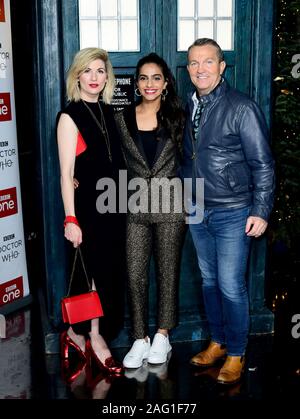 Jodie Whittaker, Mandip Gill e Bradley Walsh frequentando il medico che photocall tenutosi presso il BFI Southbank, Londra. Foto Stock