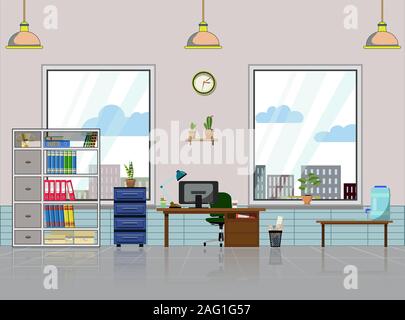 Office Workplace con tavolo, libreria, windows con pianta di casa. Computer moderno tavolo, mensole, lampada, contenitore di acqua e tutti gli uffici del personale della tabella per Illustrazione Vettoriale