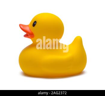 Gomma gialla Duck vista laterale isolata su bianco. Foto Stock