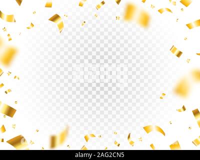 Oro coriandoli telaio su sfondo trasparente. Lusso tinsel festosa. La caduta di golden coriandoli. Volo realistica serpentina. Giallo elementi di decorazione. Illustrazione Vettoriale