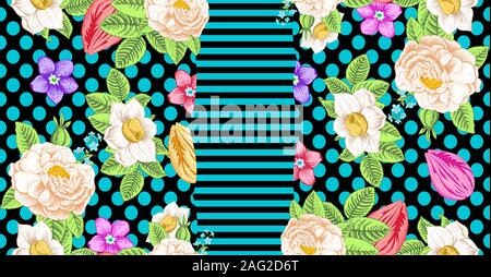Multicolor floreale modello senza giunture.Stripe e pois Stampa tessuto.Fiori sfondo naturale. - Illustrazione Foto Stock
