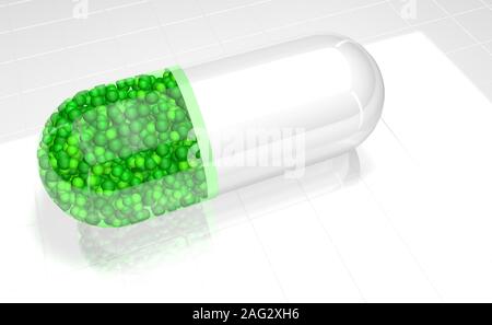 Close up su bianco capsula di plastica con verde trasparente mezza piena di sfere di verde su bianco superficie riflettente. 3D illustrazione Foto Stock