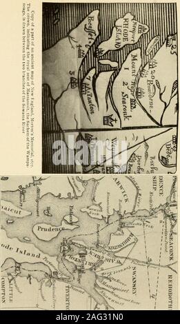 . Sowams : con antichi documenti di Sowams e parti adiacenti--illustrato. hapacassett,Chachacust, Wannamoisett, Phebes e collo. V. Il Sig. Fessenden si riferisce a una mappa del New England nel Davissedition (1826) di Mortons Memorial come indicante che Sowams wasWarren. Questa mappa è una copia di una delle prime mappe realizzate in NewEngland (1677), ed è una curiosità cartografica. Si localizza il Monte Hopenearly Provvidenza opposta con un fiume a est di Seacunck e MountHope, con due rami. La corona di cui, come indicante il resi-dence del chief SACHEM *** e la posizione della capitale, è markedbetween il t Foto Stock