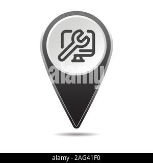Mappa di geolocation pin computer icona riparazione. Icona del vettore con ombra. EPS vettoriali 10 Illustrazione Vettoriale