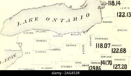 . Censimento della popolazione dello stato di New York per il 1875. ST LAWR ENCE # 126.65 FRANKLIN CLINTON ^W^ ESSEX EFFERSDN. a- Hamilton mi FULTON SARATOGA 1 j£. 1 Io4 1 contee. S Media Re, 1 153,64 Cortland, 2 Frai 141.70.l&lt;lln, 3 136.23 Tompkins 4 129.86 Clinton, 5 128.83 Steuben, 6 128,43 1 Chenango, 7 127.20 San Lorenzo, 8 Alleeany 126.65, 125.76 9 Madison, 10 122,68 Lewis, 122.13 1 Cattaraugus, 12 120.96 1 Jetferson, 13 118.14 1 Onondaga, 14 118.07 Tioga, 15 116.12 V SCHOHARIE r ALBANY 120.96 125.76 128.43 TDMPKINs!ltl| Tfl 12186 127.20 TIOGA ; ^ .L. Mappa 116.12 n°I. £XPLA NAT/Di^.Il /ir/iiit.s- ho Foto Stock