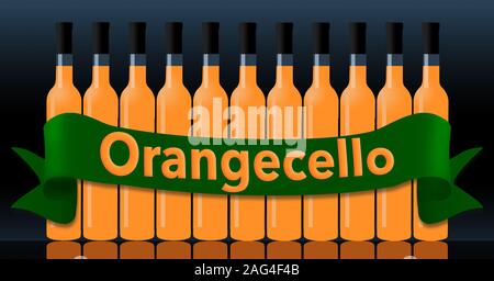 Orangecello in bottiglie è visto con un banner di verde di precisare il nome della bevanda. Foto Stock