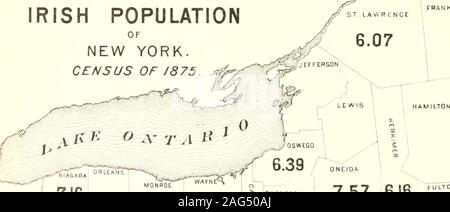 . Censimento della popolazione dello stato di New York per il 1875. Popolazione IRLANDESE DI NEW YORK.censimento del 1875.. 6,60 ^^ ? Un J - 1 CD.r I WVOMINB &gt; QNONOAOA C 7.57 6.16 FRANKLIN i Clinton ji^ contee. u=&GT; Livingston, ta Essex, ff ho Cayuga, 1- D QT // I Ulster, O.di k I Seneca, j Oneida,Chemung,Monroe, WARREN U Niagara,   Genesee, D , I O I I Columbia, .WASHiHStONi Osweso, . Herkiniei, * Ho Warren, fuTtdn HO SARATOGA St Lawrence, Foto Stock