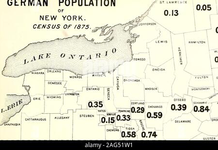 . Censimento della popolazione dello stato di New York per il 1875. Popolazione TEDESCA DI NEW YORK. 1- vFKANKLIN CLINTON C Uf STLAWRENCE ^V. 0.05 ,0,29 mi pi co.n.,es. ^ j (4 , Schoharie,VJ B oome, 0,48 FF :?R° Essex,Otsego,I Yates,! Tompkins,I Washington,! Cortland,j Clinton, Schtiyler,San Lawrence,Franklin. A32 PerCl. tS 46 0,84 47 0,74 48 0,59 49 0,58 50 0.4S 51 0,39 52 0,35 53 0 33 54 0,32 55 0 29 5b 0,29 57 0,19 58 0,15 59 0,13 60 0,05 CHENANGO CORTIAND YATES- ^iTtMPKINslO.ZSl ^. f^ STEUBCN T:^^^/* OOI 1 0*59 Foto Stock