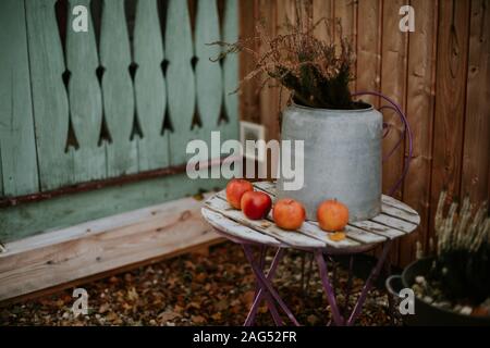 Bellissimo primo piano di un piccolo tavolo con 4 rossi mele e una pentola con fiori secchi Foto Stock