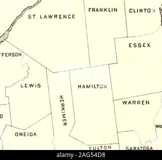 . Censimento della popolazione dello stato di New York per il 1875. ST LAWRENCE. FRANKLIN ) CLINTON W I V ESSEX contee. Westchester, Rensselaer, Albany, Queens, Madison, Seneca, Fulton, New York, per Ct. Lo stato 2,53 WASHmeniil 3 MI XHAUTAUQUA 2.14 CATTARAUGUS sconn ,TnMPKlNS FULTON HO SAHATdGA 2.591 2.08 Foto Stock
