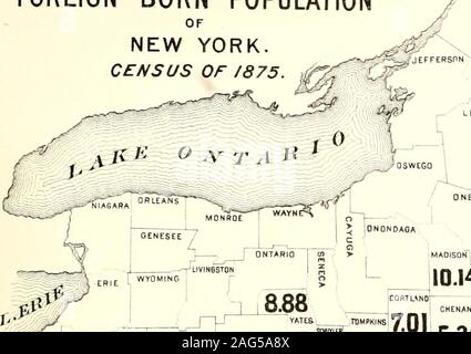 . Censimento della popolazione dello stato di New York per il 1875. Contee. J PerCt, San Lorenzo, 16 19.02 Genesee, 17 18.06 Essex, 18 17,86 Chautauqua, 19 17.71 Schenectady, 20 17.69 Lewis, 21 17,25 Orleans, 22 16.95 Ontario, 23 16.69 Wayne, 24 16,07 Dutchess, 25 16.06 arancione, 26 15,75 Putnam, 27 15.72 Oswego, 28 15,61 Cayuga, 29 15,53 Saratoga, 30 15.35 .S^ ^CMAUlAugUA 17.71 Mappa No.2 nati all'ESTERO LA POPOLAZIONE DI NEW YORK.censimento del 1875. /; FRANKLIN ^ CLINTON iO O (-^STLAWRENCE . .-/,&Gt; A TUTTI Foto Stock