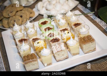 Vassoio di piccoli sup di dessert con cioccolato e crema guarnire e alcuni biscotti Foto Stock