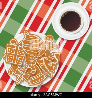 Holiday gingerbread cookies nella piastra con la tazza di caffè sul Natale colorati gingham tovaglia Illustrazione Vettoriale