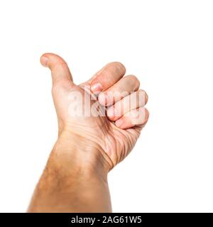 Maschio lato mostra Thumbs up gesto isolato su sfondo bianco, come concetto Foto Stock