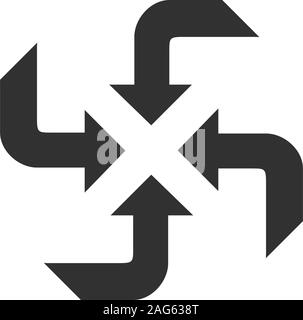 Quattro frecce curve sweep verso l'interno per il punto al centro , 4 frecce in 4 direzioni. Stock illustrazione vettoriale isolato Illustrazione Vettoriale