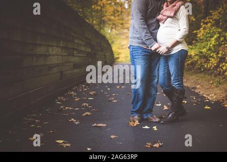 Bellissimo scatto di un maschio e della sua moglie incinta che cammina nel parco in autunno Foto Stock