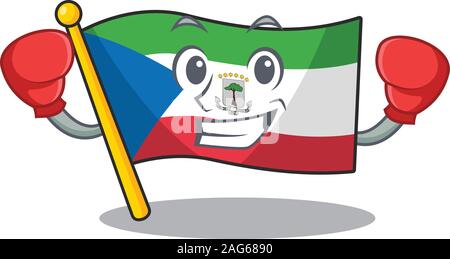 Felice il pugilato bandiera Guinea equatoriale mascotte di scorrimento stile carattere Illustrazione Vettoriale