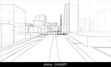 Un disegno schematico o schizzo di una città 3D con edifici e strade. Lo stile di contorno. 3D illustrazione vettore. Industria di costruzione concept Illustrazione Vettoriale