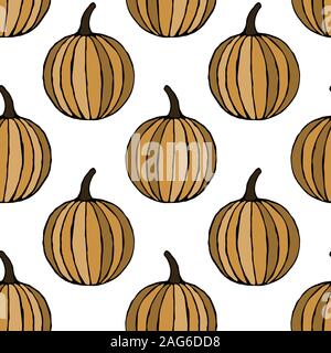 Vector seamless pattern con disegnato a mano le zucche di contorno. Giardino sfondo vegetale. Modello per tessuto, carta da imballaggio, Harvest Festival o Decorazione Halloween Illustrazione Vettoriale