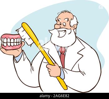 Dentista caucasico che mostra un modello di mascella dentale e uno spazzolino da denti. O – illustrazione di scorta Illustrazione Vettoriale