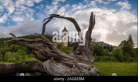 La vecchia chiesa parrocchiale di Santa Geltrude visto attraverso un big trees radice, l'Ortles a distanza Foto Stock