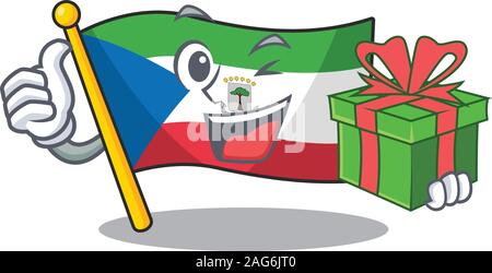 Faccia felice bandiera Guinea equatoriale il carattere di scorrimento con confezione regalo Illustrazione Vettoriale