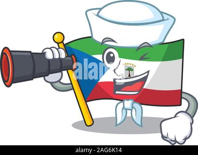 Happy Sailor bandiera Guinea equatoriale scorrere cartoon design con binocolo Illustrazione Vettoriale