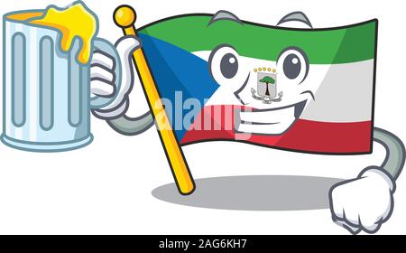 Felice bandiera Guinea equatoriale mascotte di scorrimento design con un grande vetro Illustrazione Vettoriale