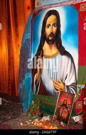 Etiopia, Amhara, Lalibela, antiche rocce chiese di taglio, all'interno di Bet Medhane Alem chiesa, pittura devozionale di Gesù Foto Stock