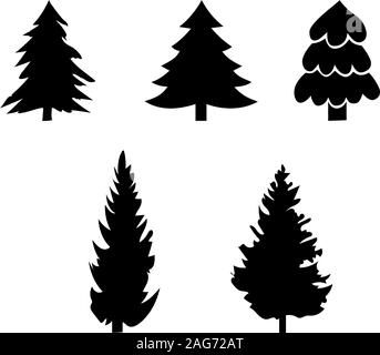 Set di icone diversi alberi di Natale nero Illustrazione Vettoriale