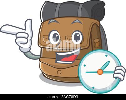 Sorridente escursionismo zaino scorrere cartoon character style con orologio Illustrazione Vettoriale