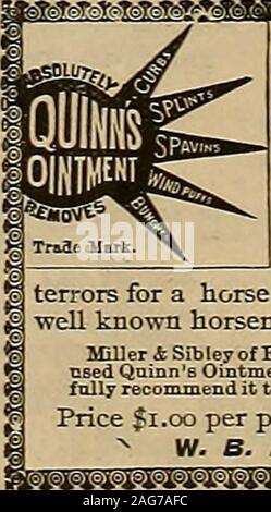 . Allevatore e sportivo. Il salone impero-PALM camera, arredata in Cerise, con biliardo andPool tabelle per le signore-Louis XV PARLOR LADIES ISCRITTO ROOMand numerosi altri miglioramenti moderno, insieme con la cucina unexcelled e theMost posizione conveniente nella città-tutti aggiungere molto per la sempre crescente popularityof questo che è il più famoso hotel. QUINNS unguento! Per i cavalli è alla testa di tutti i rimedi veterinari. Tali problemi e come Spavins, cordoli, WindpufTs, stecche, i grappoli non hanno j terrori per un cavallo se il master mantiene e applica Quanns unguento. Tutti i g ben noto cavallo Foto Stock