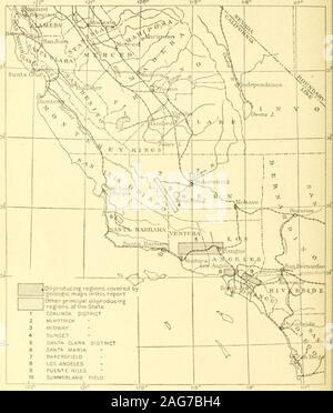 . Bollettino della United States Geological Survey -- La Santa Clara Valley, Puente Hills Los Angeles e distretti di olio. r porzioni della Costiera e withhe Sierras. Dopo un corso di ovest di 75 miglia il flusso whichIrains la valle entra nell area del Pacifico un poco a sud della città ofCentura. La valle è corretto dato oltre all'agricoltura, ma inhe montagne su entrambi i lati sono molti importanti giacimenti petroliferi. Le montagne a nord della valle forma lo spartiacque betweent e la valle centrale della California ed è presente anche una barriera a/egli Mohave Desert, che si trova nell'angolo tra l'Sierrask Foto Stock