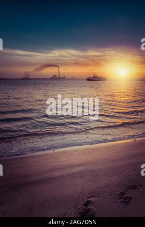 Scatto verticale di una bella alba sulla spiaggia che crea il paesaggio perfetto per le passeggiate mattutine Foto Stock