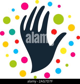 Logo rotondo con l'immagine di nero le mani, palloncini colorati e allegri perline di festa intorno alle sue mani illustrazione vettoriale Illustrazione Vettoriale