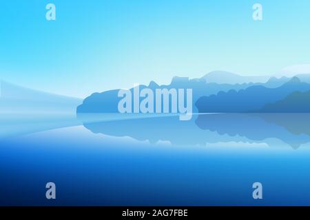 Panorama di inverno alba su un lago di montagna con una foresta innevata e uno specchio riflesso nell'acqua. Vettore illustrazione realistica. Illustrazione Vettoriale